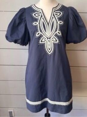 Pinch Navy Embroidered Puff Sleeve Mini Dress XS Boho Shift Dress